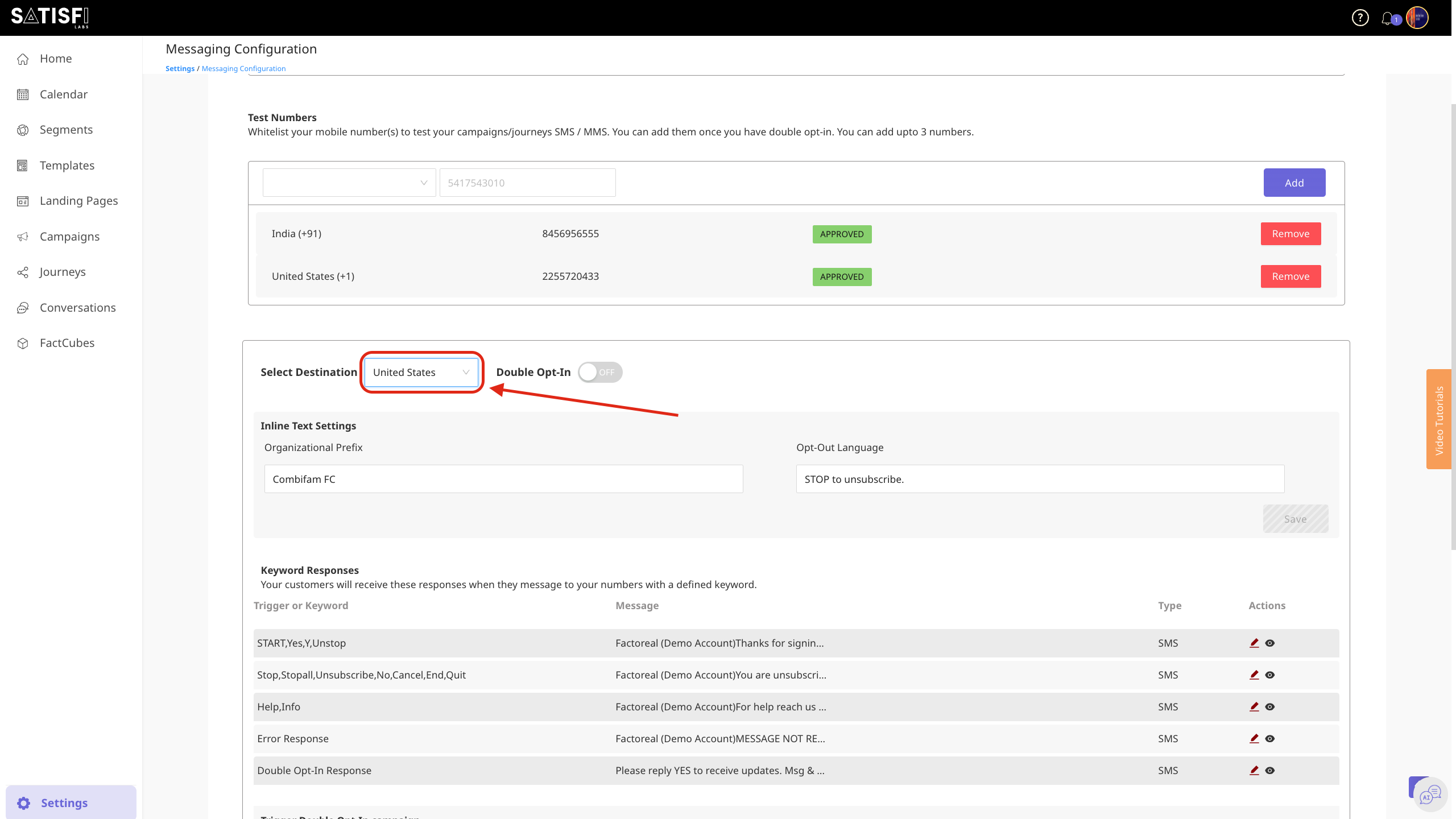 United States Messaging Settings